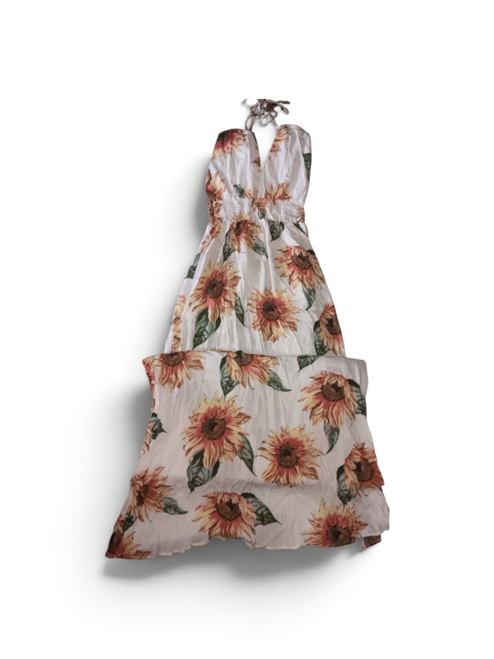 New Timing White Halter Maxi Dress with Sunflower Print